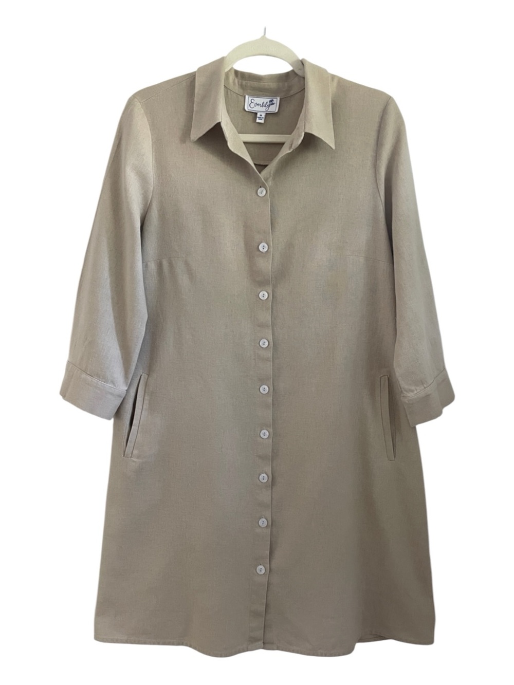 Everlily Women’s Neutral Beige Linen Blend Tiered Back Button-Front Shirt Dress
